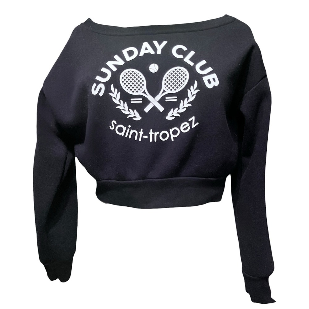 Better Together Sunday Club Tenniscore Cropped Black Sweatshirt XS Y2K Gorpcore